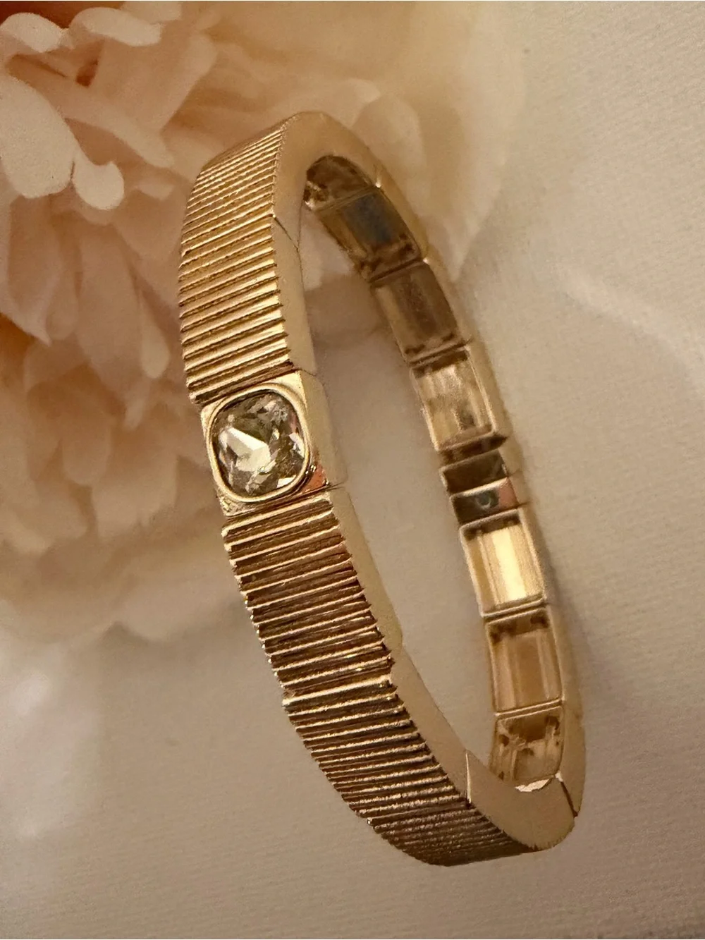 Roxanne Assoulin Gold Ribbed Cuff Bracelet with Crystal Stone NEW AUTHENTIC